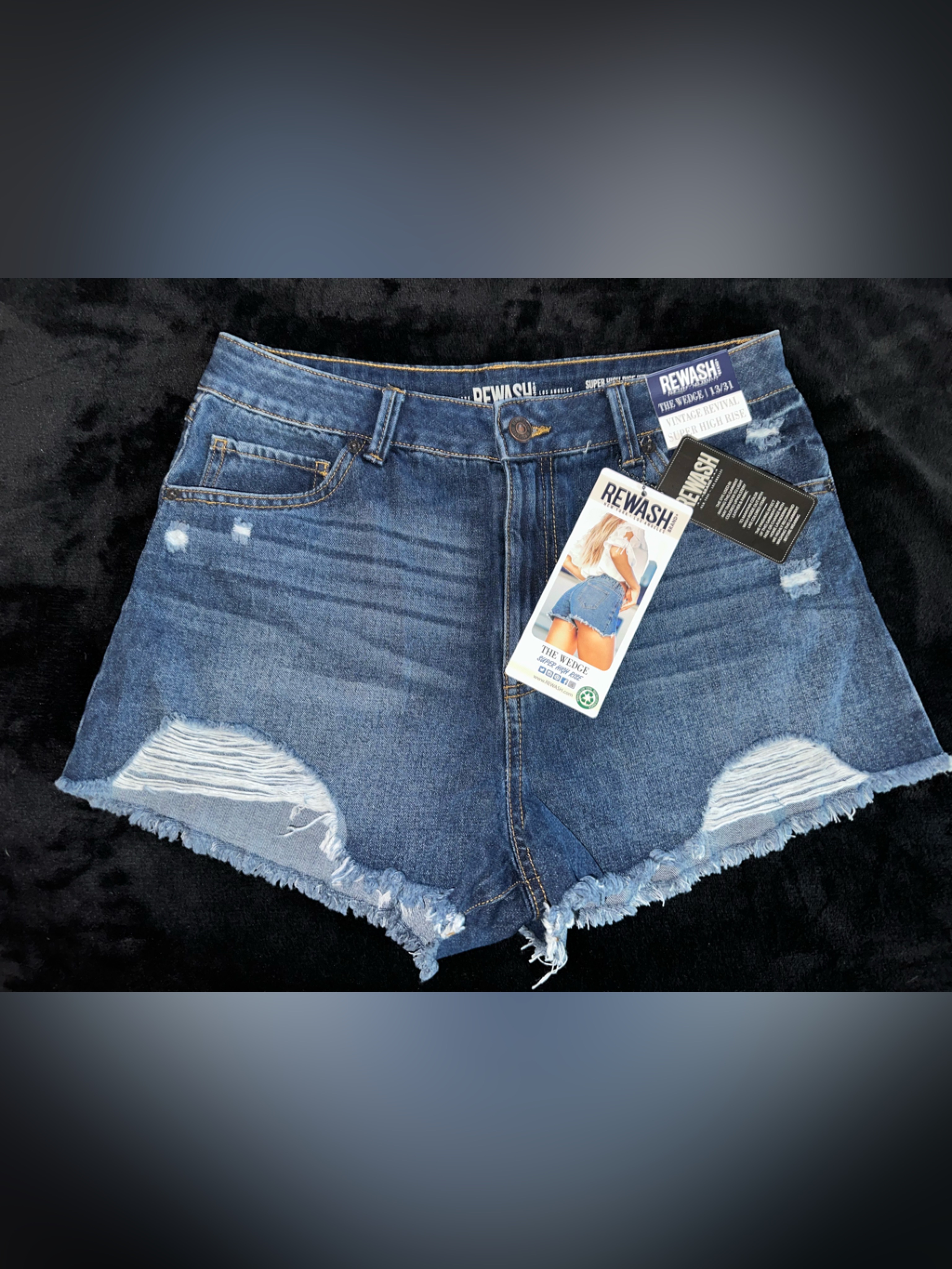 Rewash Dark Blue Distressed High-Rise Denim Shorts